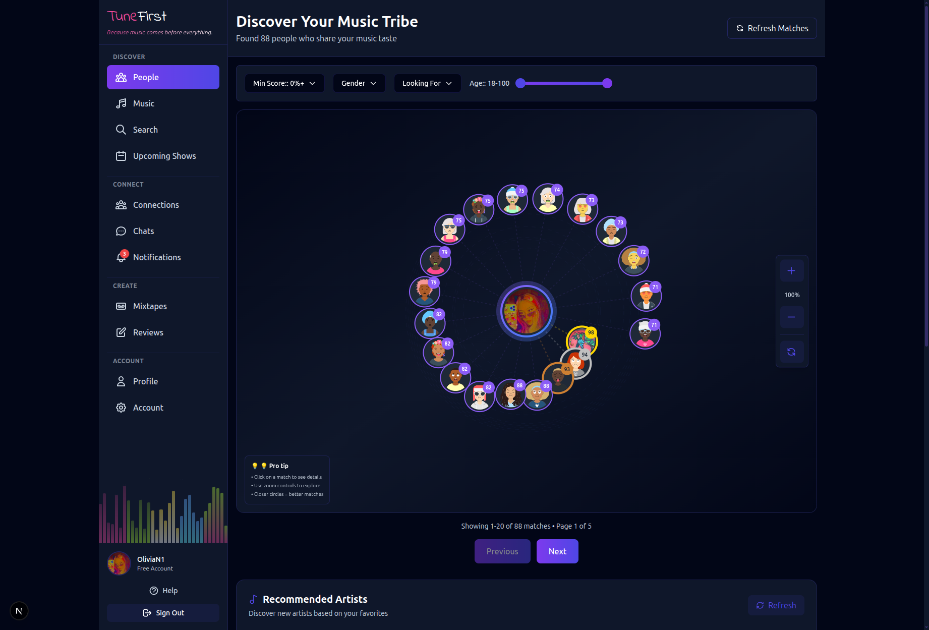 TuneFirst showing your music match orbit
