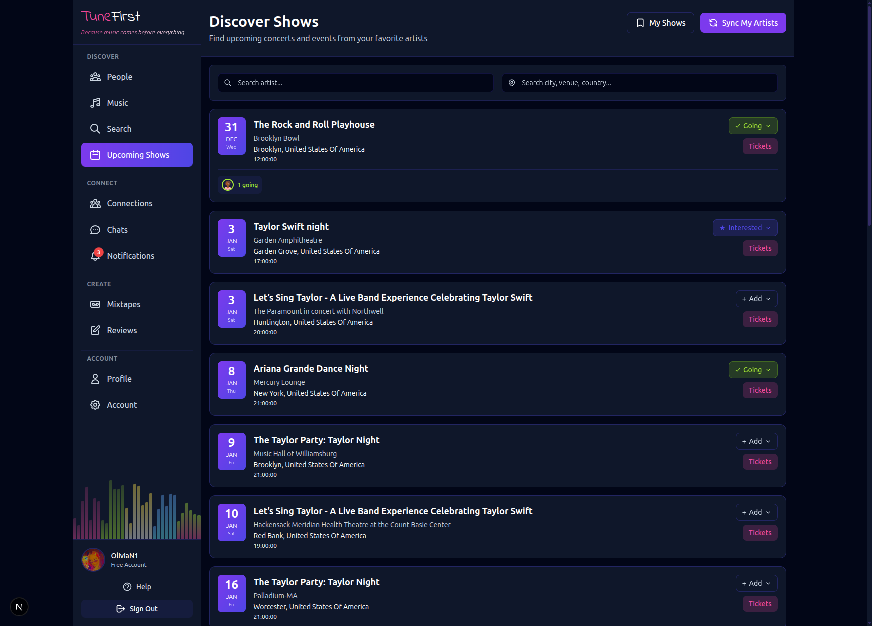 TuneFirst upcoming shows and concert matching